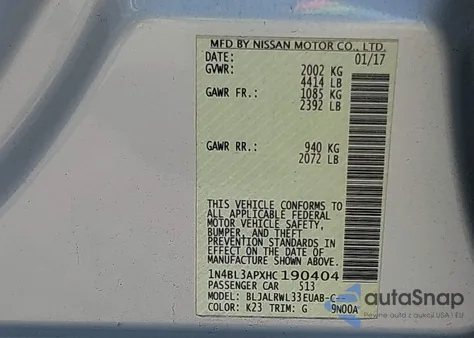 2017 Nissan Altima 3.5 Sl из США, поврежденный, VIN 1N4BL3APXHC190404